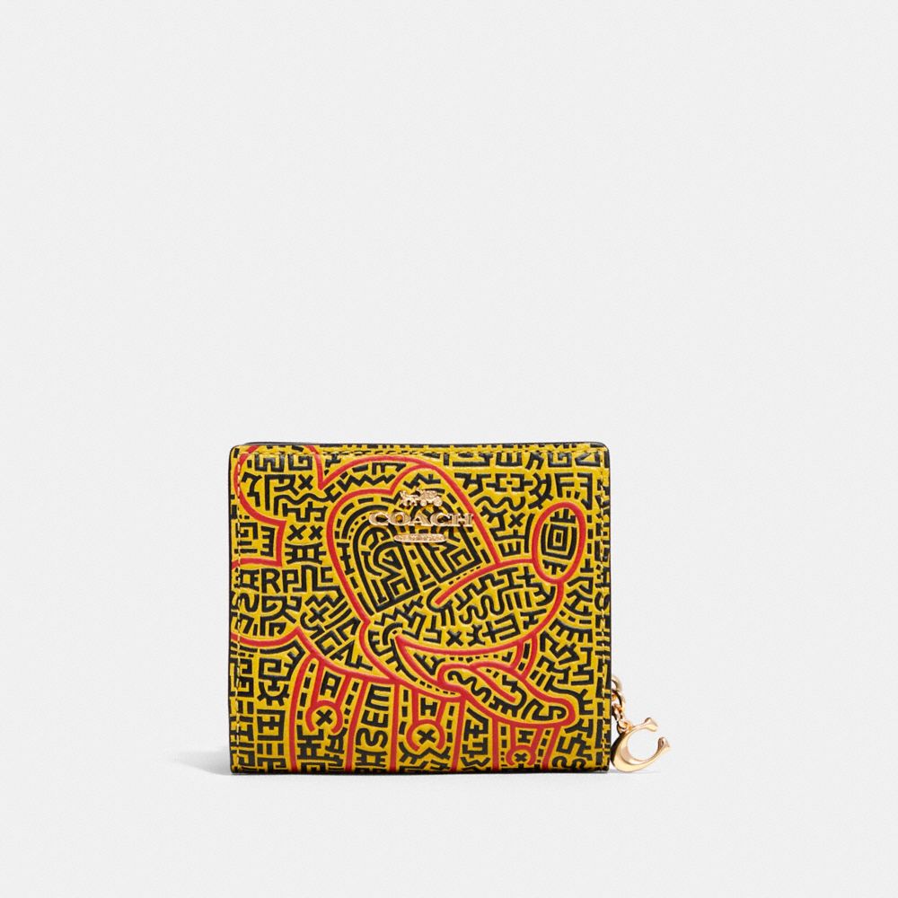 COACH®,DISNEY MICKEY MOUSE X KEITH HARING SNAP WALLET,Gold/Yellow/Red,Front View