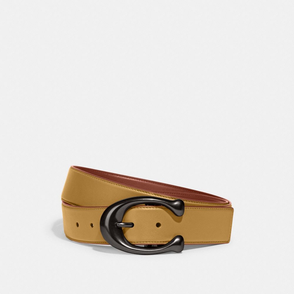 COACH®,SIGNATURE BUCKLE CUT-TO-SIZE REVERSIBLE BELT, 38MM,Flax/Saddle,Front View image number 0