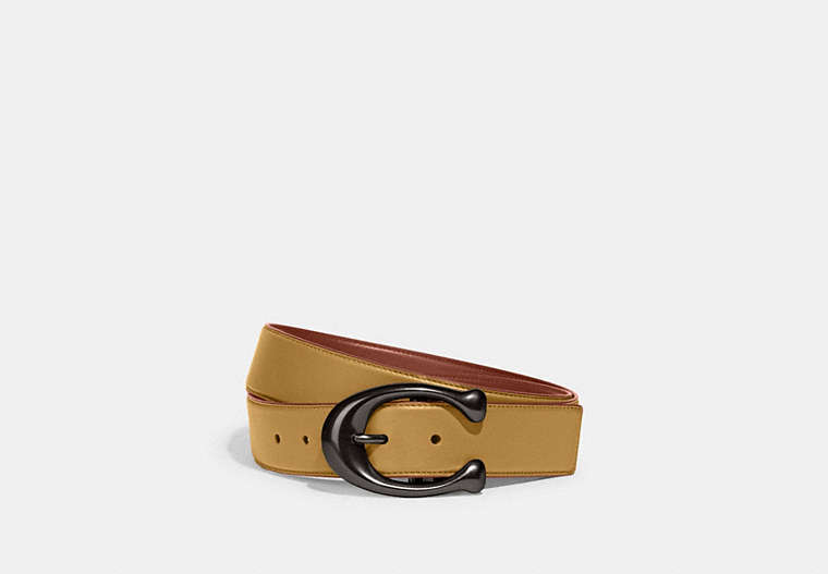 COACH®,SIGNATURE BUCKLE CUT-TO-SIZE REVERSIBLE BELT, 38MM,Glovetanned Leather,Flax/Saddle,Front View