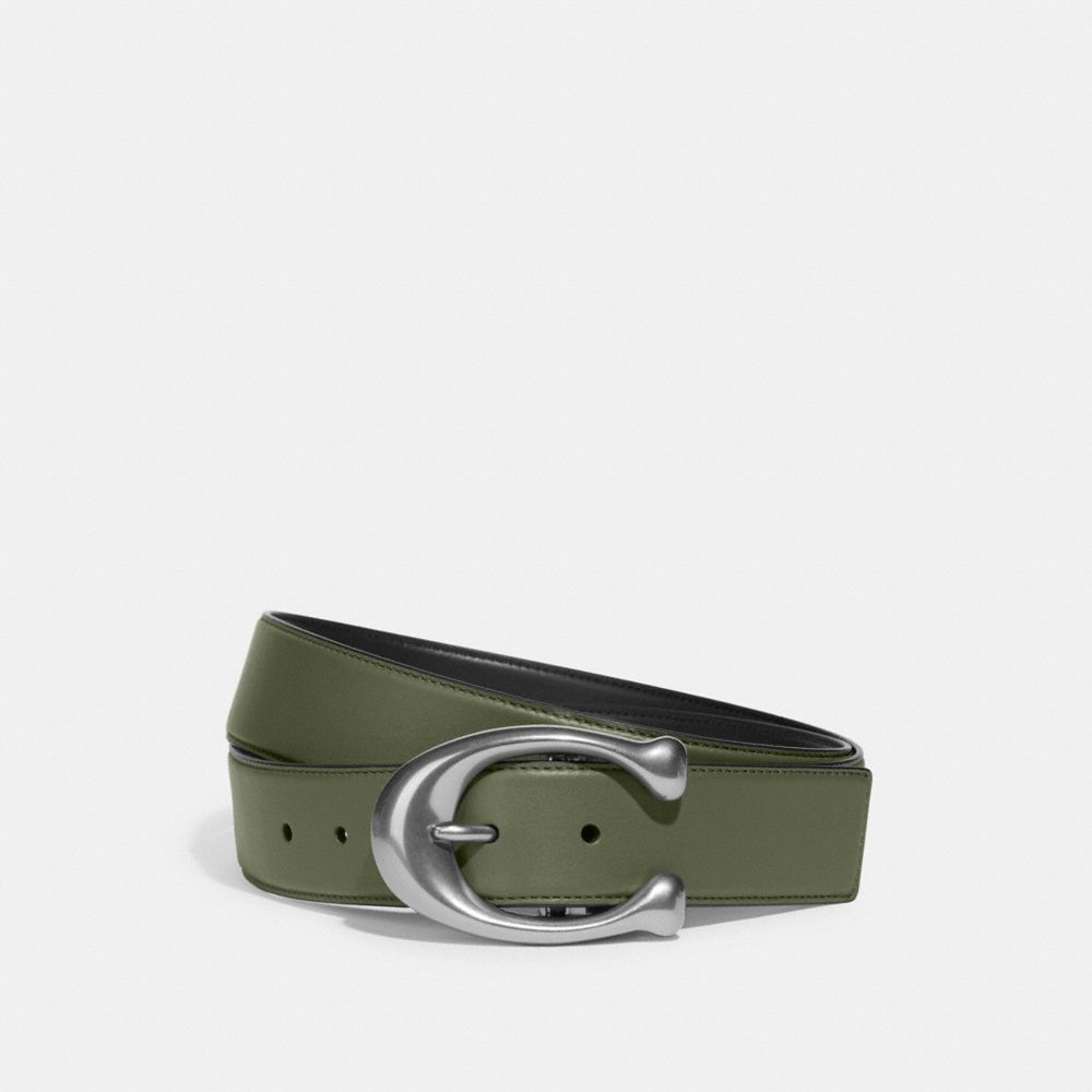 COACH®,SIGNATURE BUCKLE CUT-TO-SIZE REVERSIBLE BELT, 38MM,Army Green/Black,Front View