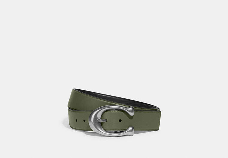 COACH®,SIGNATURE BUCKLE CUT-TO-SIZE REVERSIBLE BELT, 38MM,Glovetanned Leather,Army Green/Black,Front View