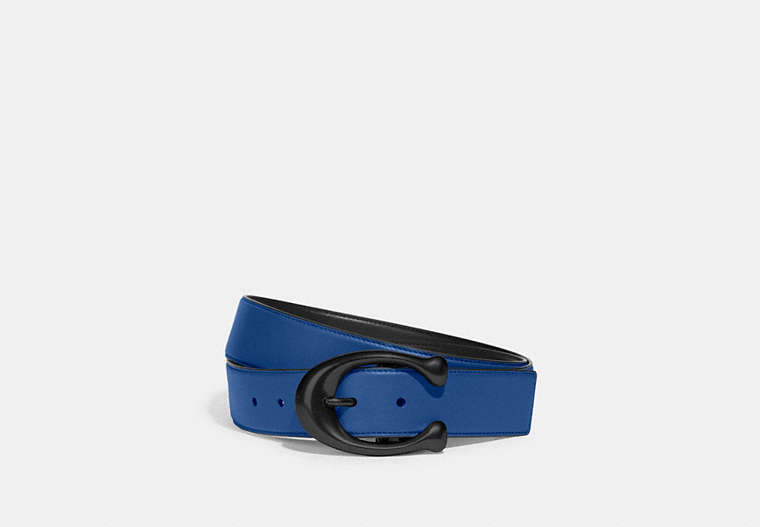 COACH®,SIGNATURE BUCKLE CUT-TO-SIZE REVERSIBLE BELT, 38MM,Glovetanned Leather,Blue Fin/Black,Front View
