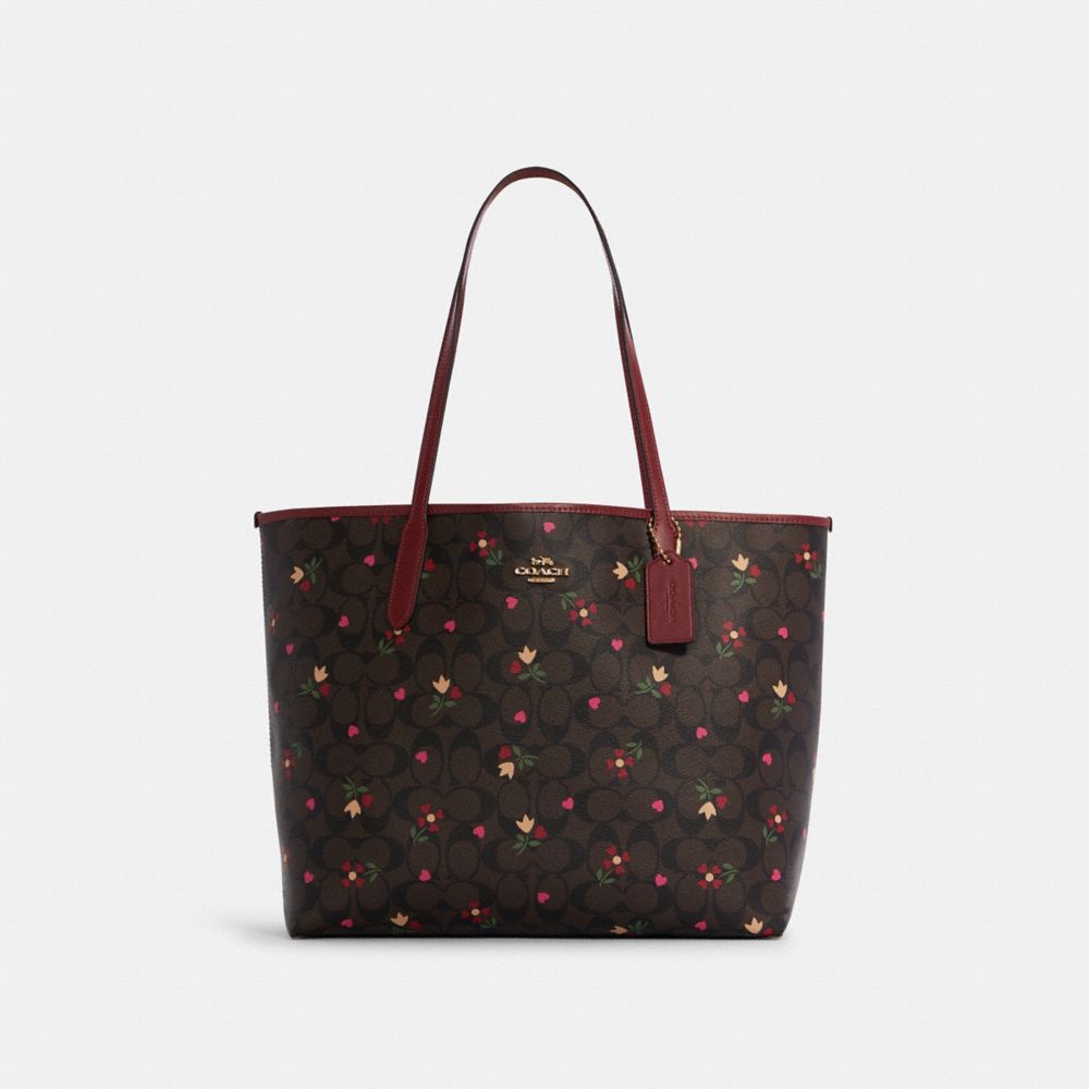 NWT Coach CF444 City Tote In Signature Canvas With Heart Cherry Print $428  