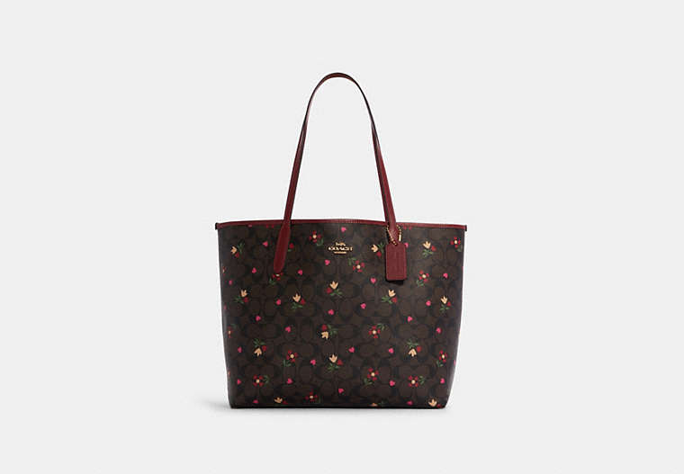 COACH®,CITY TOTE IN SIGNATURE CANVAS WITH HEART PETAL PRINT,canvas,X-Large,Gold/Brown Multi,Front View