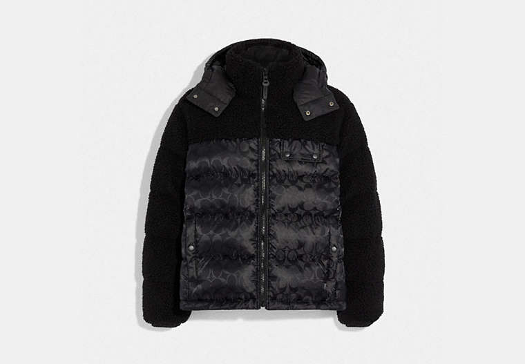 COACH®,SHERPA AND NYLON PUFFER,Polyester,Black,Front View