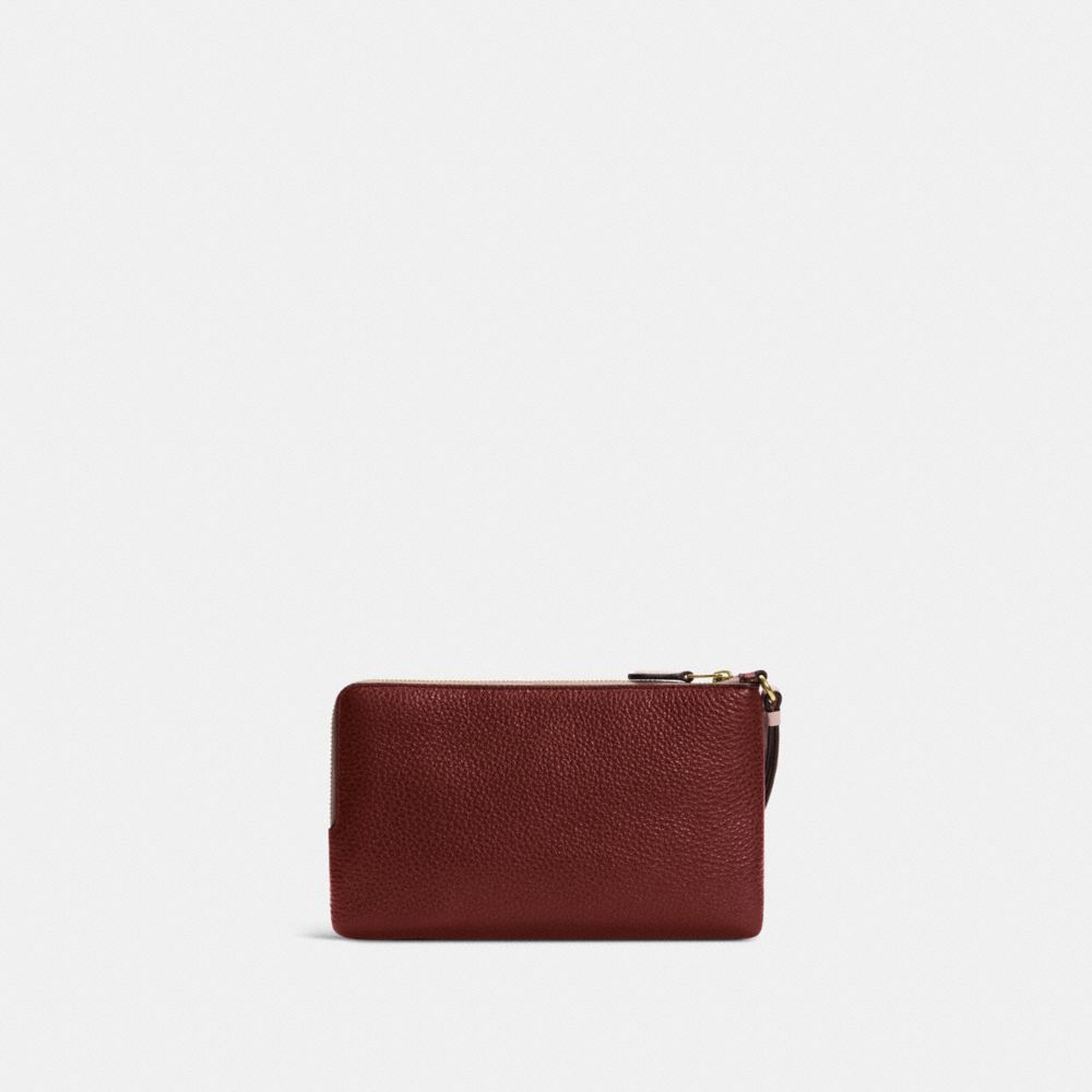 COACH C7651 - DOUBLE ZIP WALLET - GOLD/WASHED MAUVE/CRANBERRY