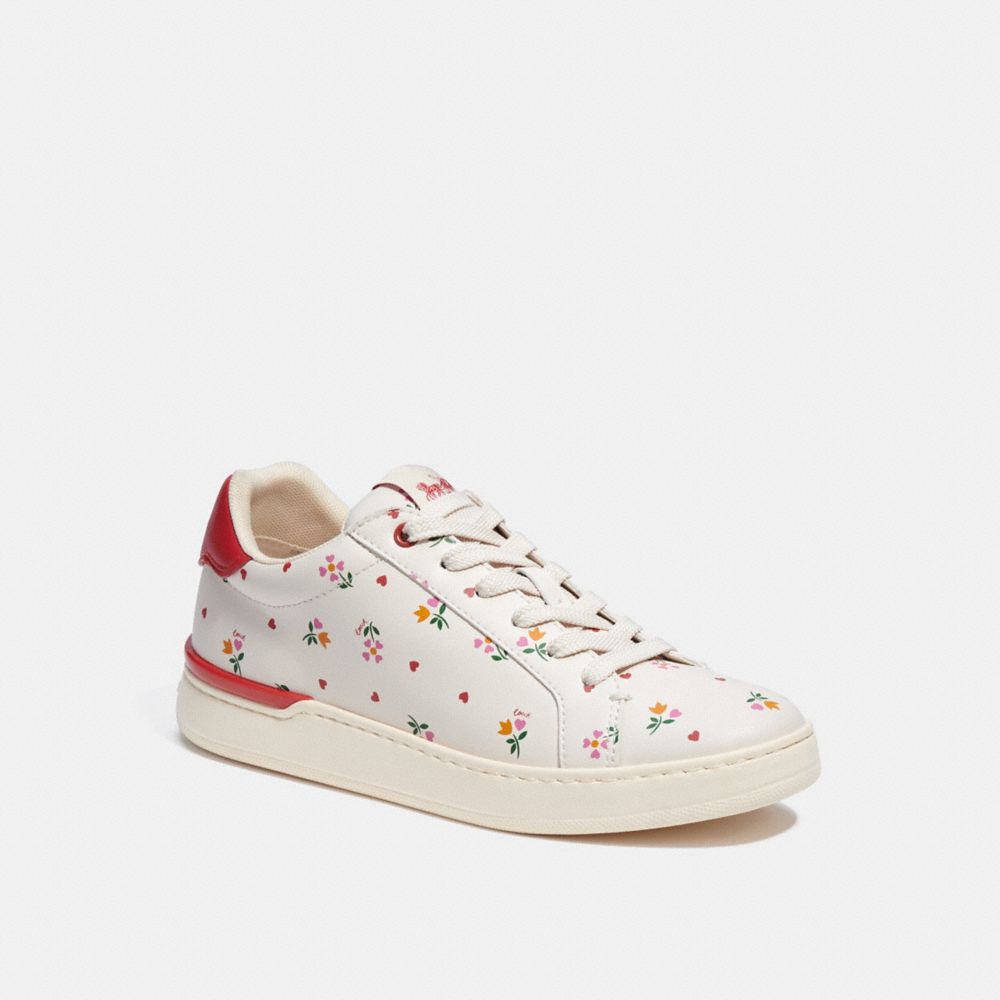COACH®,CLIP LOW TOP SNEAKER,Leather,CHALK/RED,Front View