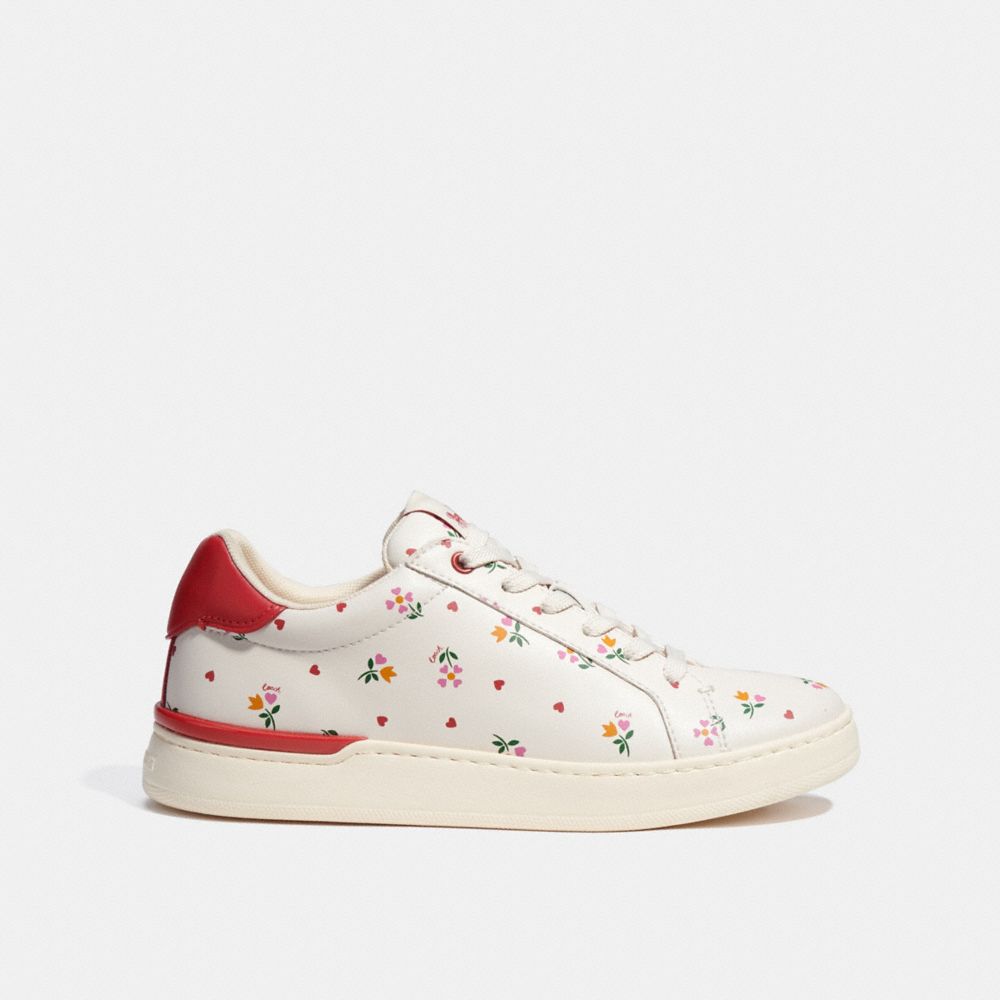 COACH®,CLIP LOW TOP SNEAKER,Leather,CHALK/RED,Angle View