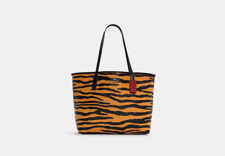 COACH®,CITY TOTE WITH TIGER PRINT,Gold/Honey/Black Multi,Front View
