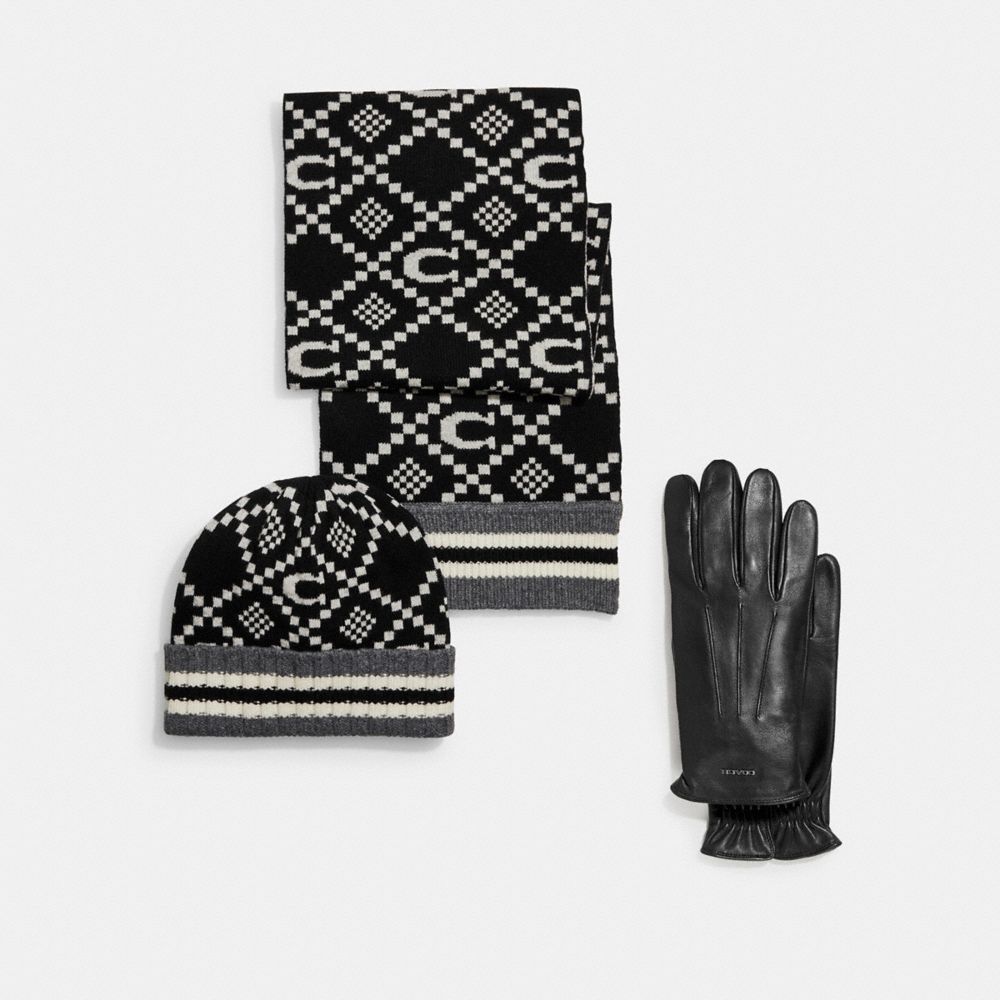 COACH Jacquard Hat And Scarf Set Tech Napa Gloves