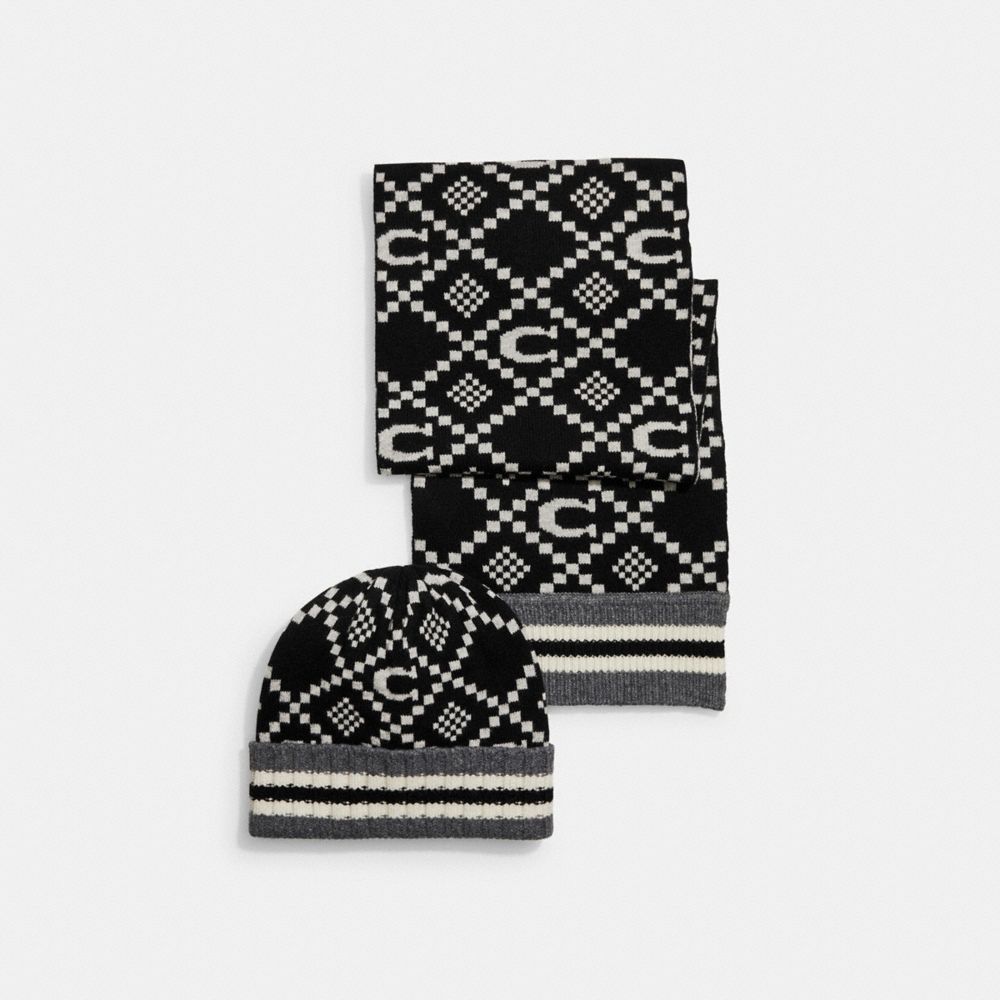 COACH®,JACQUARD HAT AND SCARF SET,wool,Black,Front View