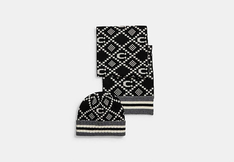 COACH®,JACQUARD HAT AND SCARF SET,wool,Black,Front View