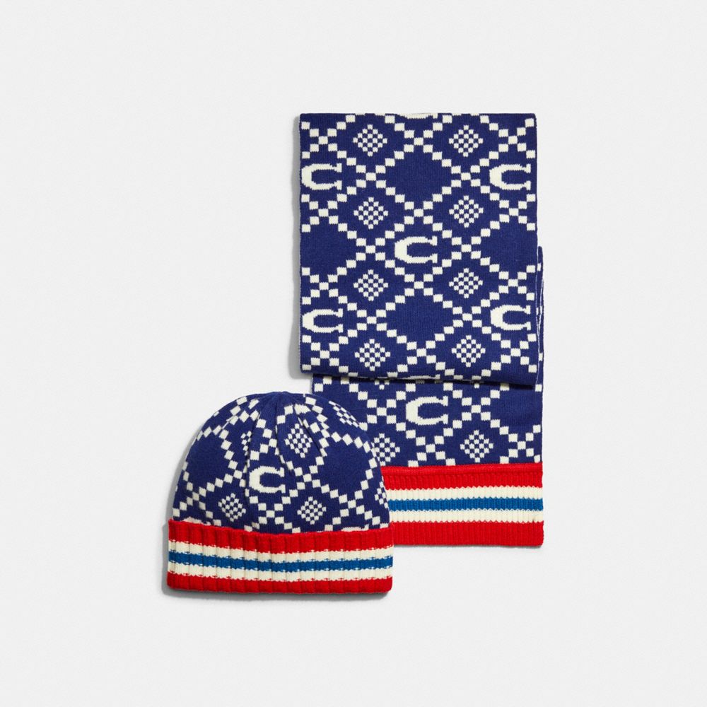 Coach logo beanie and knit scarf store set.