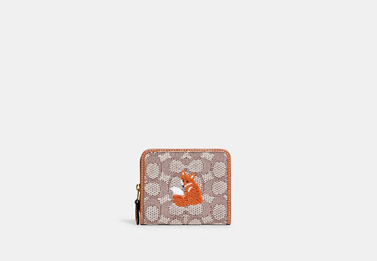 COACH®,BILLFOLD WALLET IN SIGNATURE TEXTILE JACQUARD WITH FOX MOTIF,Mini,Brass/Cocoa Burnished Amb,Front View