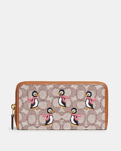 COACH®,ACCORDION ZIP WALLET IN SIGNATURE TEXTILE JACQUARD WITH PENGUIN MOTIF,Mini,Brass/Cocoa Burnished Amb,Front View