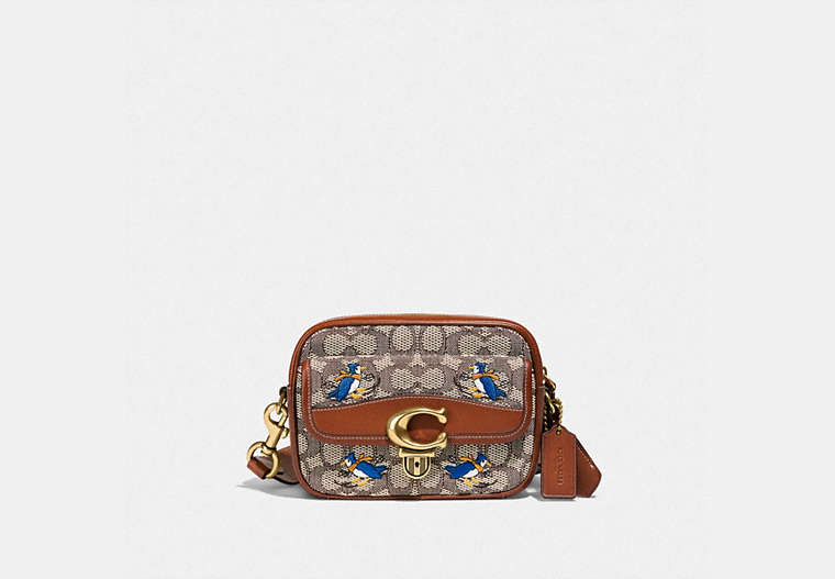 COACH®,STUDIO CAMERA BAG 18 IN SIGNATURE TEXTILE JACQUARD WITH CREATURES,Jacquard/Smooth Leather,Mini,Blue Bird,Front View