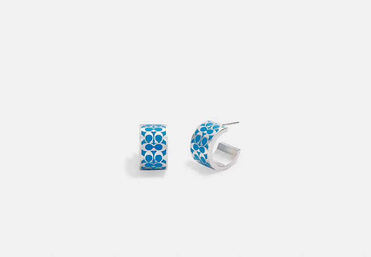 COACH®,SIGNATURE ENAMEL HUGGIE EARRINGS,Brass,Bright Blue/Silver,Front View