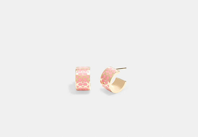 COACH®,SIGNATURE ENAMEL HUGGIE EARRINGS,Brass,Gold/Pink,Front View