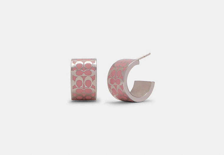 COACH®,SIGNATURE ENAMEL HUGGIE EARRINGS,Brass,Silver/Pink,Front View