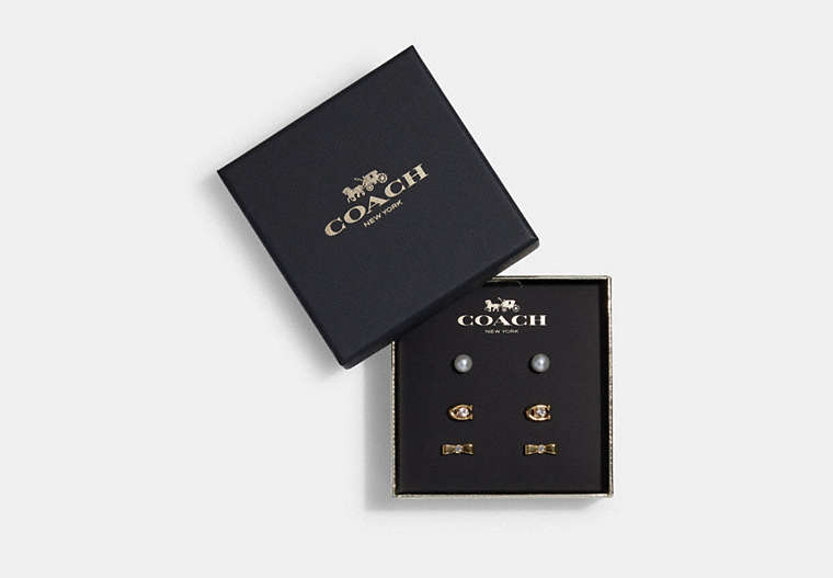 COACH®,SIGNATURE AND BOW STUD EARRINGS SET,Gold,Front View