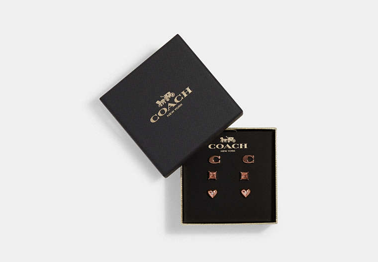 COACH®,SIGNATURE AND PAVE HEART STUD EARRINGS SET,Rose Gold,Front View