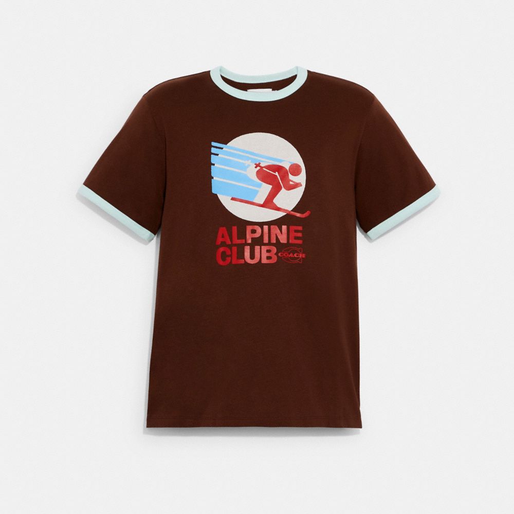 COACH®,ALPINE CLUB BOXY T-SHIRT IN ORGANIC COTTON,Dark Brown,Front View