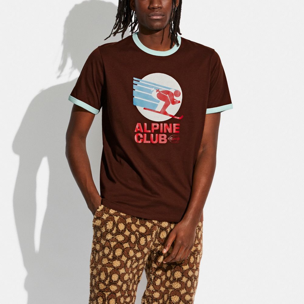 COACH®,ALPINE CLUB BOXY T-SHIRT IN ORGANIC COTTON,Dark Brown,Scale View