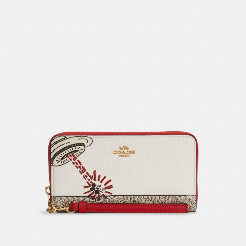 COACH®,DISNEY MICKEY MOUSE X KEITH HARING LONG ZIP AROUND WALLET,Mini,Gold/Chalk Multi,Front View