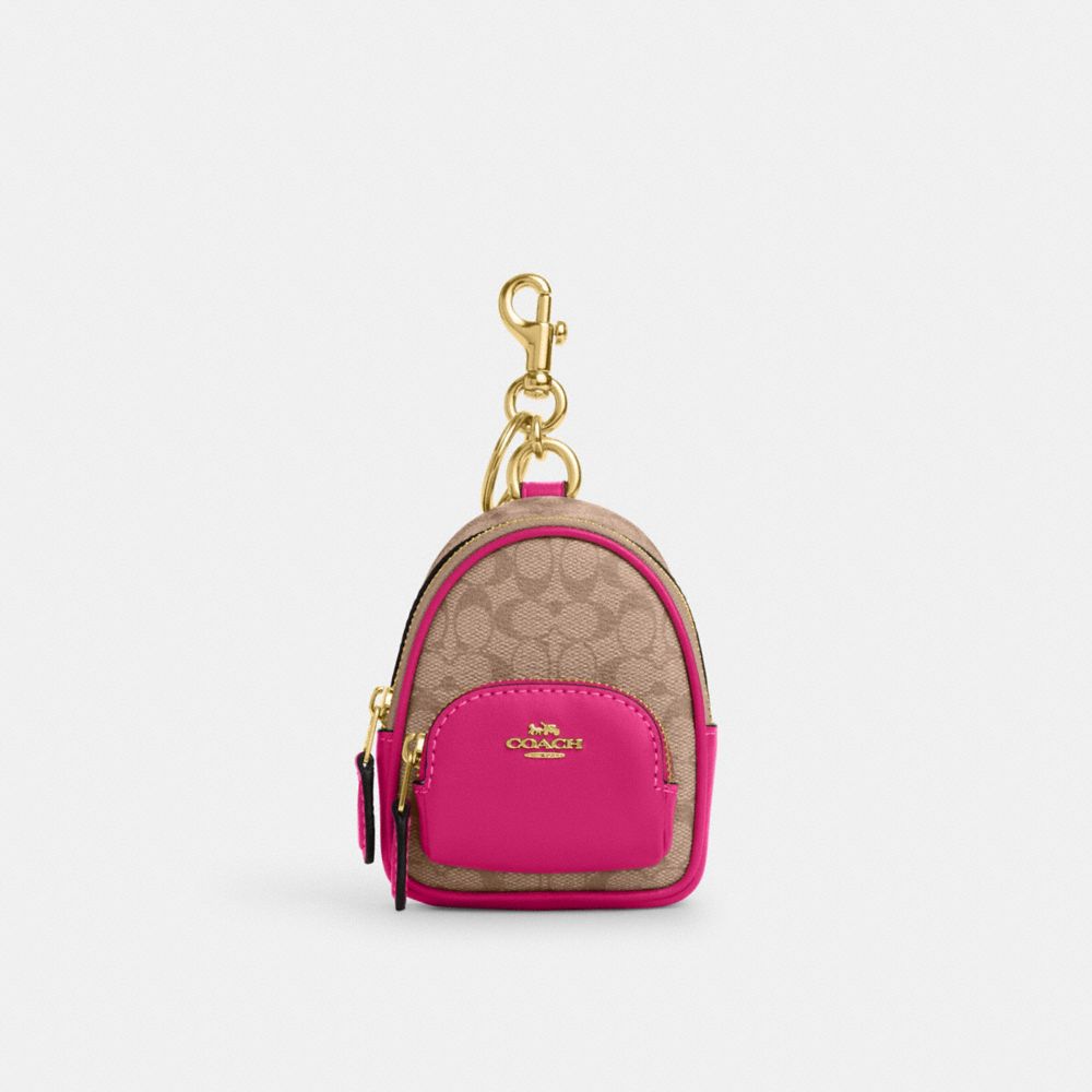 COACH®,MINI COURT BACKPACK BAG CHARM IN SIGNATURE CANVAS,Mini,Im/Khaki/Cerise,Front View