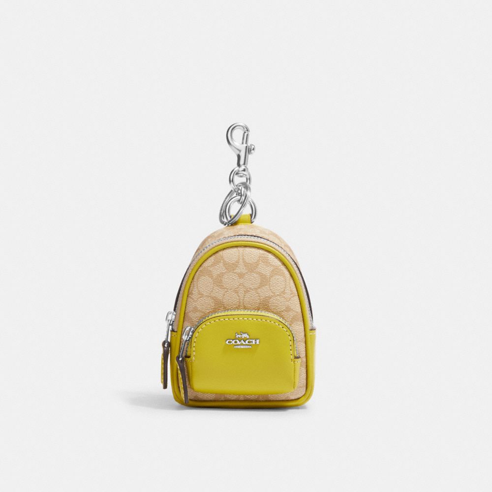 Coach Mini Court Backpack Bag Charm In Signature Canvas Khaki Saddle  Keychain