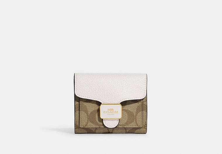 COACH®,PEPPER WALLET IN SIGNATURE CANVAS,Signature Coated Canvas,Gold/Khaki/Chalk,Front View