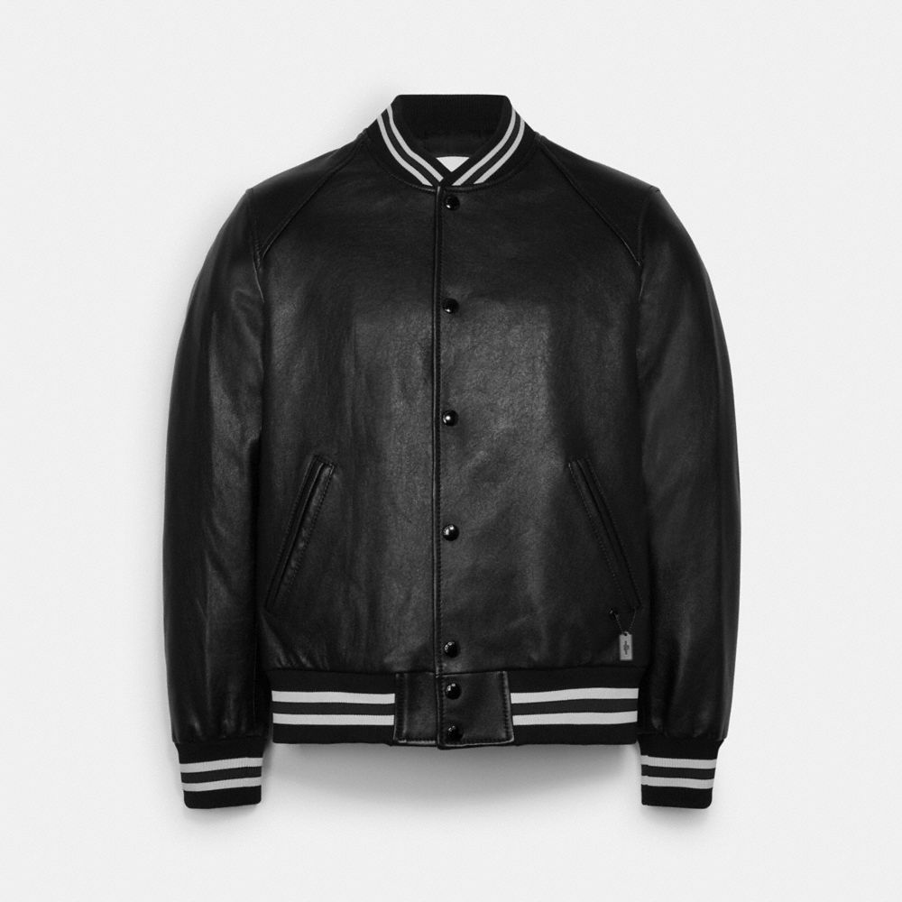 COACH®,LEATHER VARSITY JACKET,Leather,Black,Front View