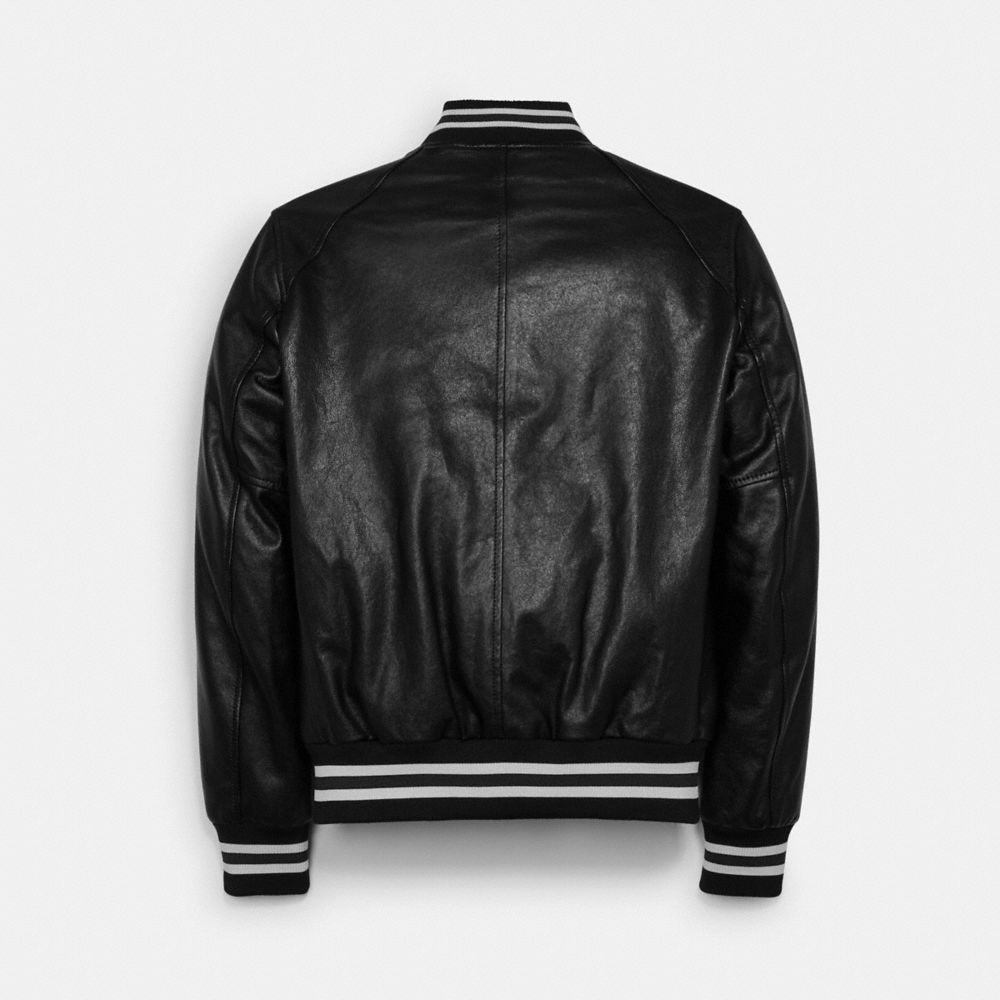 COACH®,LEATHER VARSITY JACKET,Leather,Black,Detail View