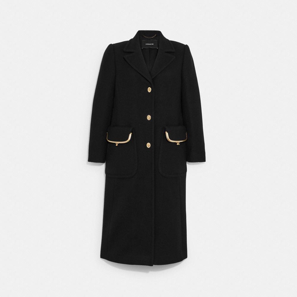 COACH®,LONG WOOL COAT,wool,Black,Front View