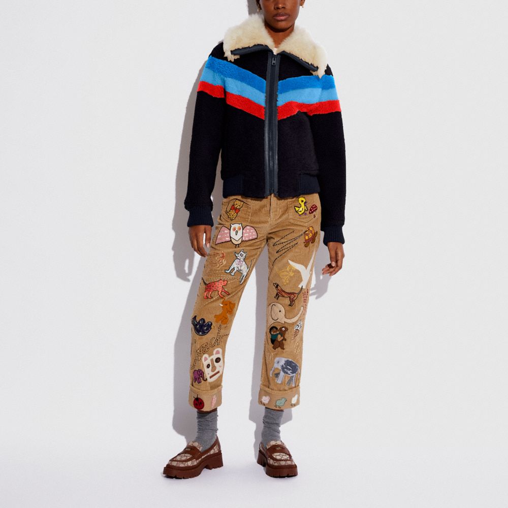 COACH®,Ski Blouson,Shearling,Teddy,Bomber,Color Block,Fur Embellishment,Pattern,Casual,Navy,Scale View