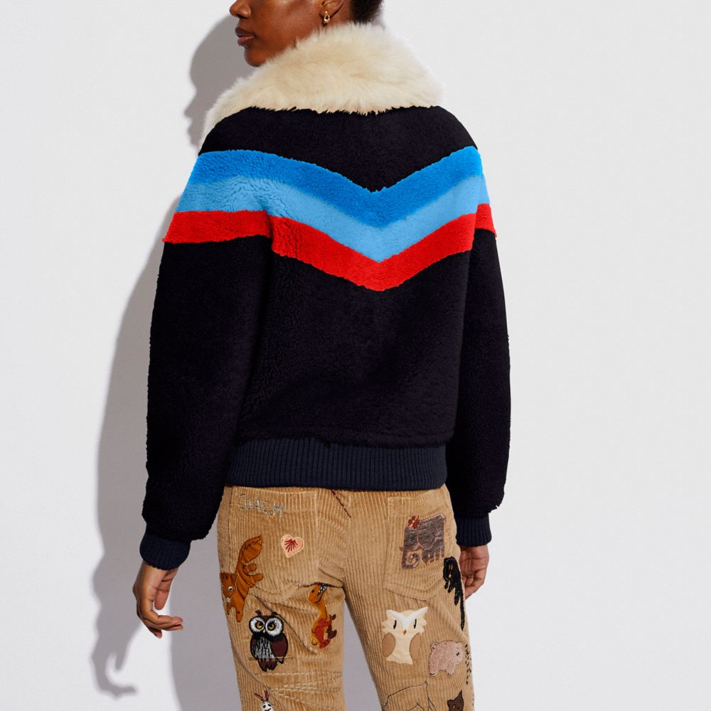 COACH®,Ski Blouson,Shearling,Teddy,Bomber,Color Block,Fur Embellishment,Pattern,Casual,Navy,Scale View