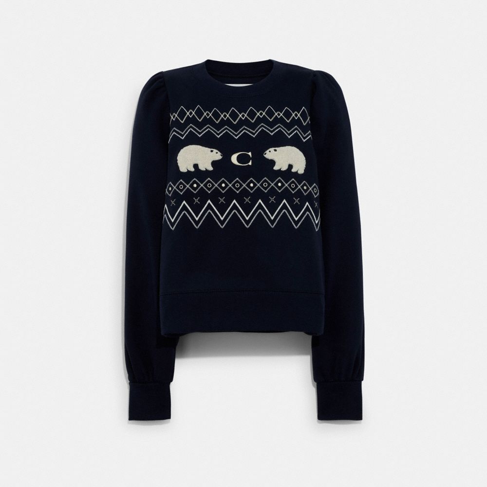 COACH®,PUFF SLEEVE FAIR ISLE SWEATSHIRT IN ORGANIC COTTON,Cotton/Polyester,Navy,Front View image number 0