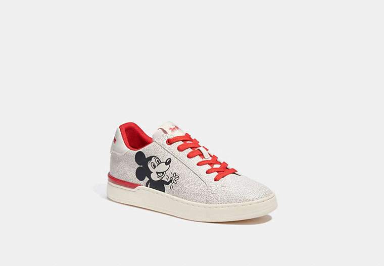 COACH®,DISNEY MICKEY MOUSE X KEITH HARING CLIP LOW TOP SNEAKER,Leather,Chalk/Electric Red,Front View