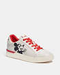 COACH®,DISNEY MICKEY MOUSE X KEITH HARING CLIP LOW TOP SNEAKER,Leather,Chalk/Electric Red,Front View