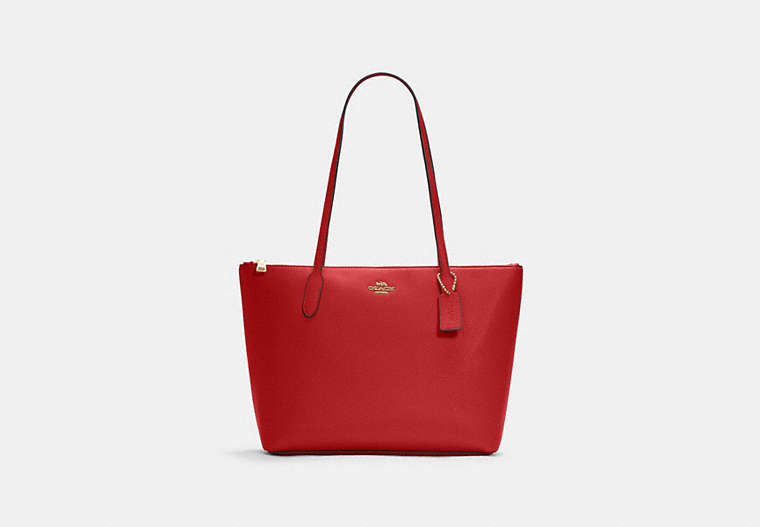 COACH®,ZIP TOP TOTE BAG,Pebbled Leather,Large,Gold/True Red,Front View