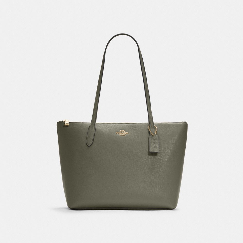 COACH®,CABAS À ZIP SUR LE DESSUS,Cuir galet,Or/Vert militaire,Front View