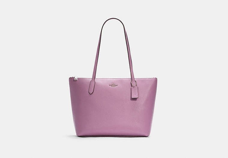 COACH®,ZIP TOP TOTE,Pebbled Leather,Large,Silver/Violet Orchid,Front View