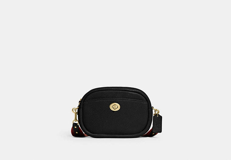 COACH®,CAMERA BAG,Pebbled Leather,Medium,Brass/Black,Front View