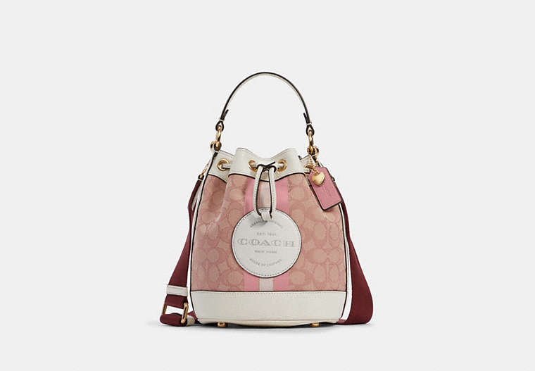 COACH®,DEMPSEY BUCKET BAG 19 IN SIGNATURE JACQUARD WITH COACH PATCH AND HEART CHARM,Jacquard,Medium,Gold/Chalk/Pink Multi,Front View