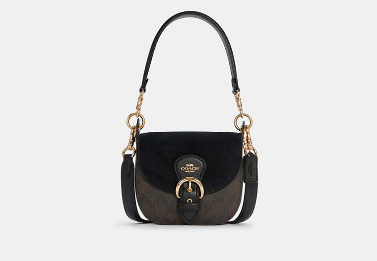 COACH®,KLEO SHOULDER BAG 17 IN SIGNATURE CANVAS,Signature Coated Canvas,Small,Gold/Brown Black,Front View
