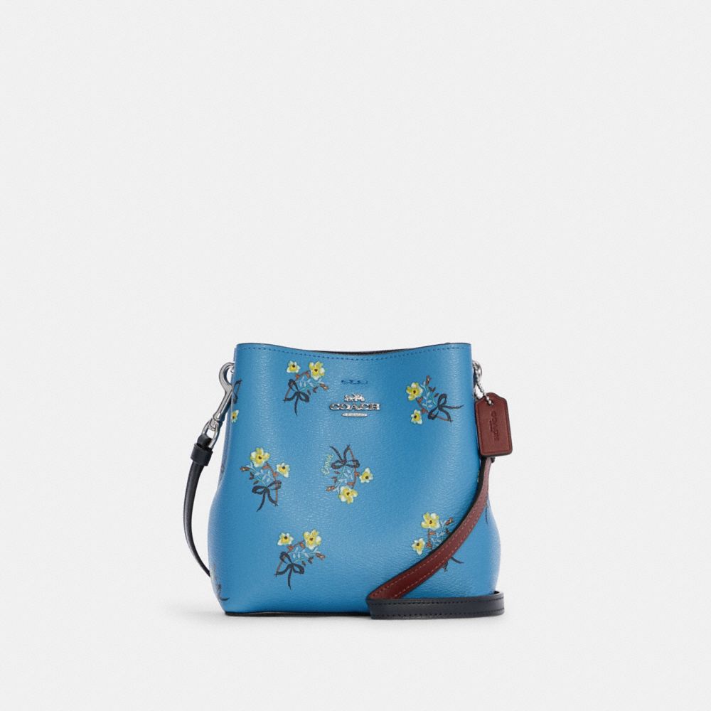 COACH®,MINI TOWN BUCKET BAG WITH FLORAL BOW PRINT,Canvas/Smooth Leather,Small,Silver/Blue Multi,Front View