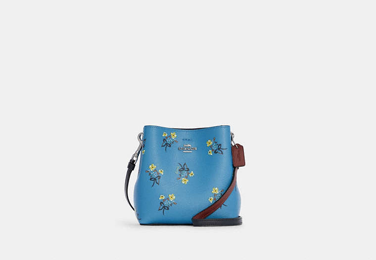 COACH®,MINI TOWN BUCKET BAG WITH FLORAL BOW PRINT,Canvas/Smooth Leather,Small,Silver/Blue Multi,Front View