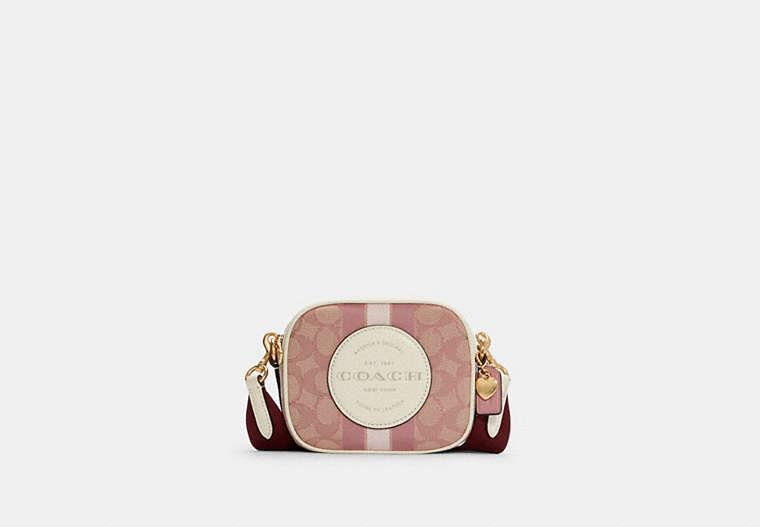 COACH®,MINI DEMPSEY CAMERA BAG IN SIGNATURE JACQUARD WITH COACH PATCH AND HEART CHARM,Jacquard,Gold/Chalk/Pink Multi,Front View