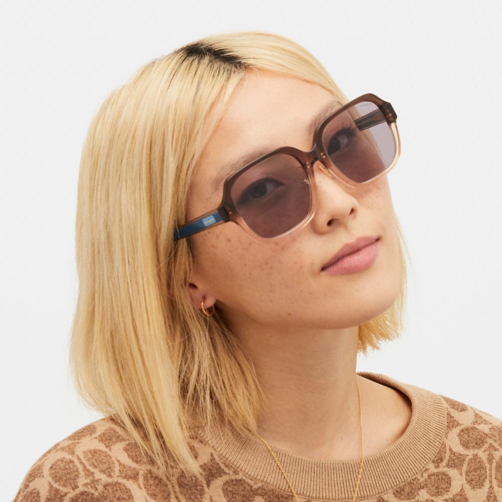 COACH®,SQUARE SUNGLASSES,Trans Brown Grad/ Navy,Angle View