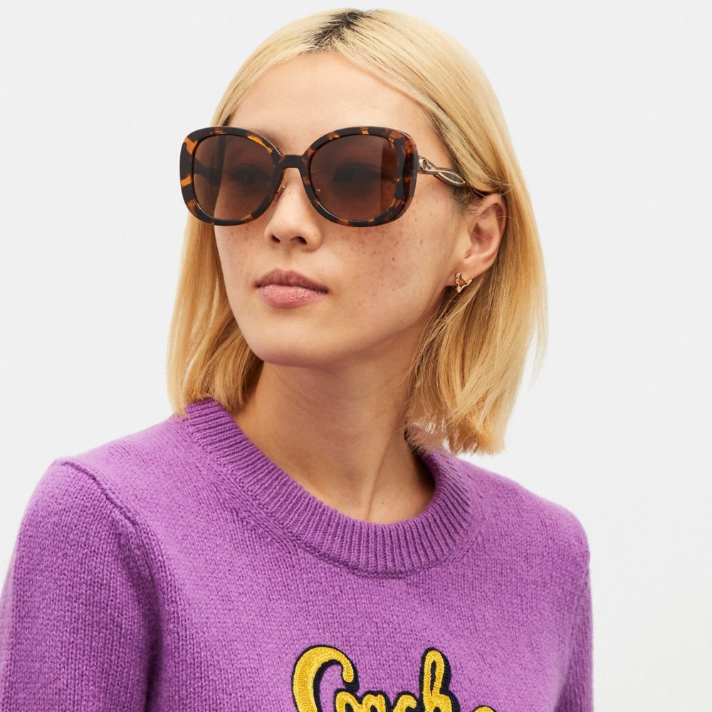 COACH®,EMBEDDED SIGNATURE ROUND SUNGLASSES,Dark Tortoise,Angle View